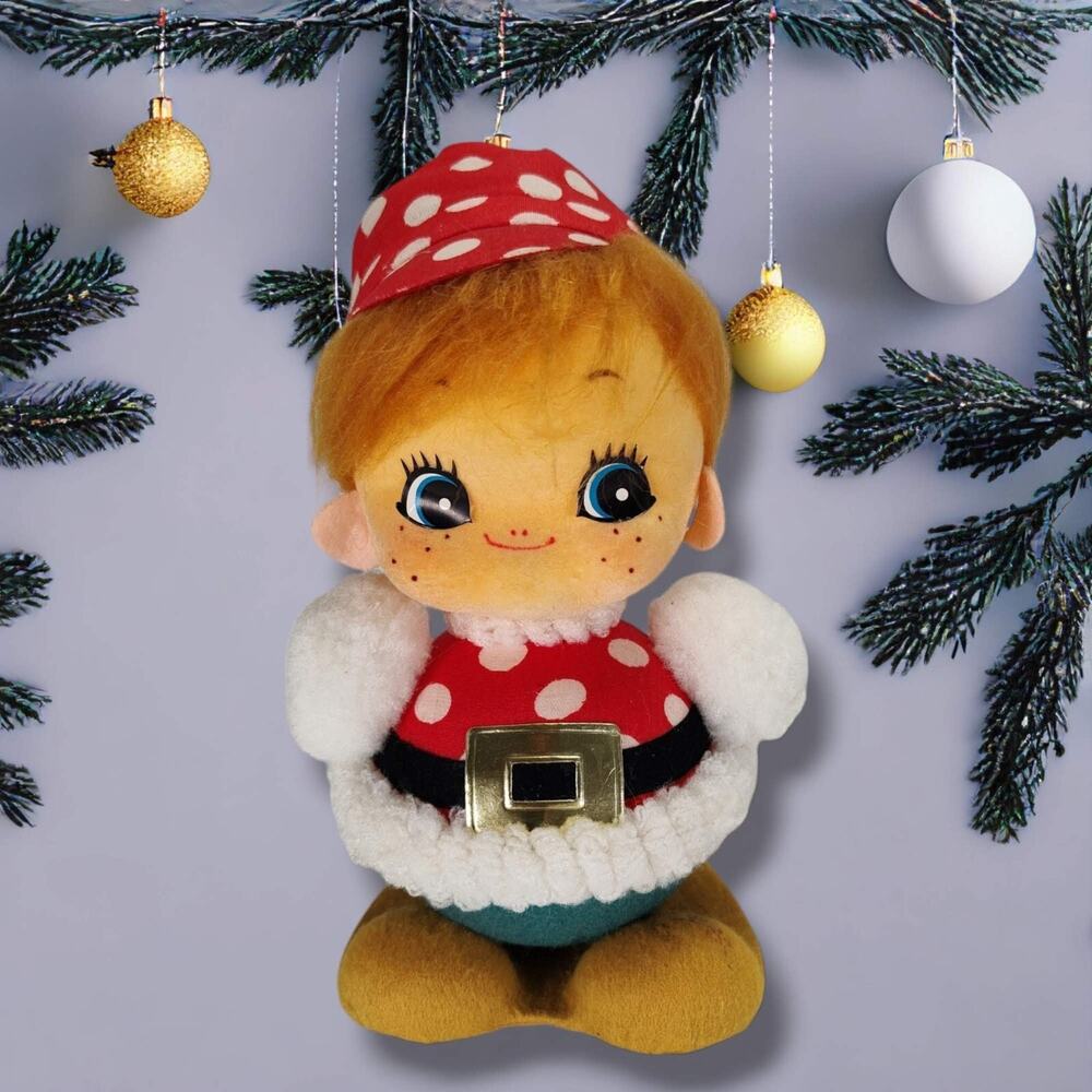 Vintage MCM Inarco Japan Felt Elf Figurine 7in Red Head MCM Christmas Kitsch
